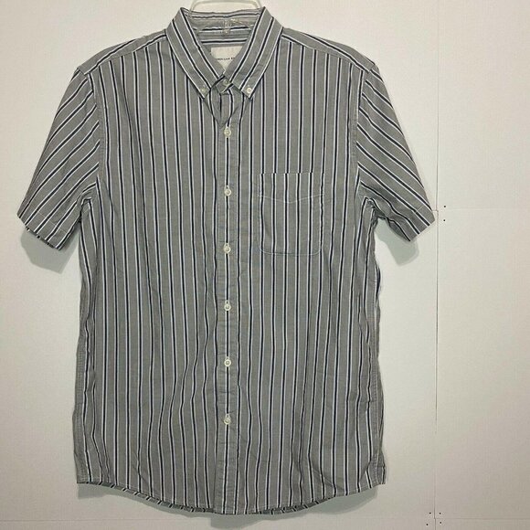 American Eagle Men’s Medium Gray Blue Button Down Striped Short Sleeve - Picture 1 of 4